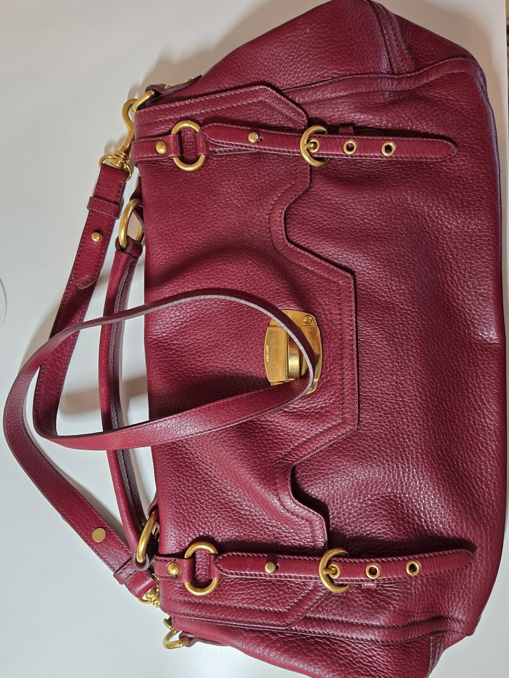 Miu Miu Pebbled Leather Shoulder Bag in Burgundy with Gold Hardware